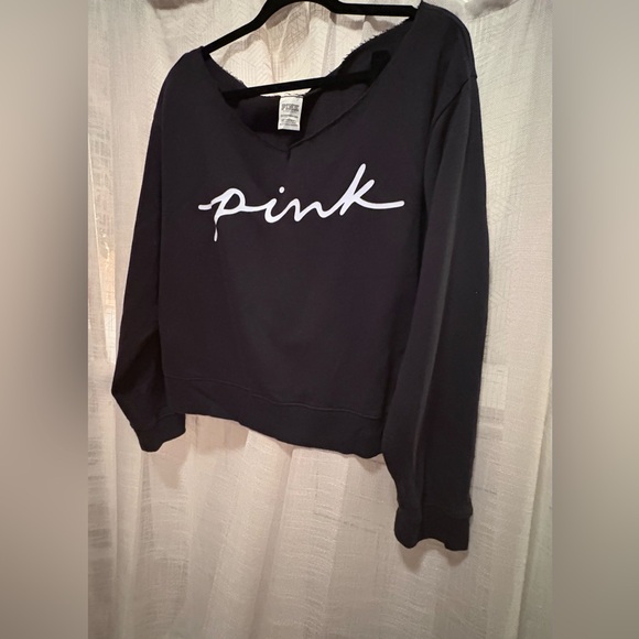Victoria’s Secret PINK Off-Shoulder Black Sweatshirt with White Logo - Picture 1 of 4